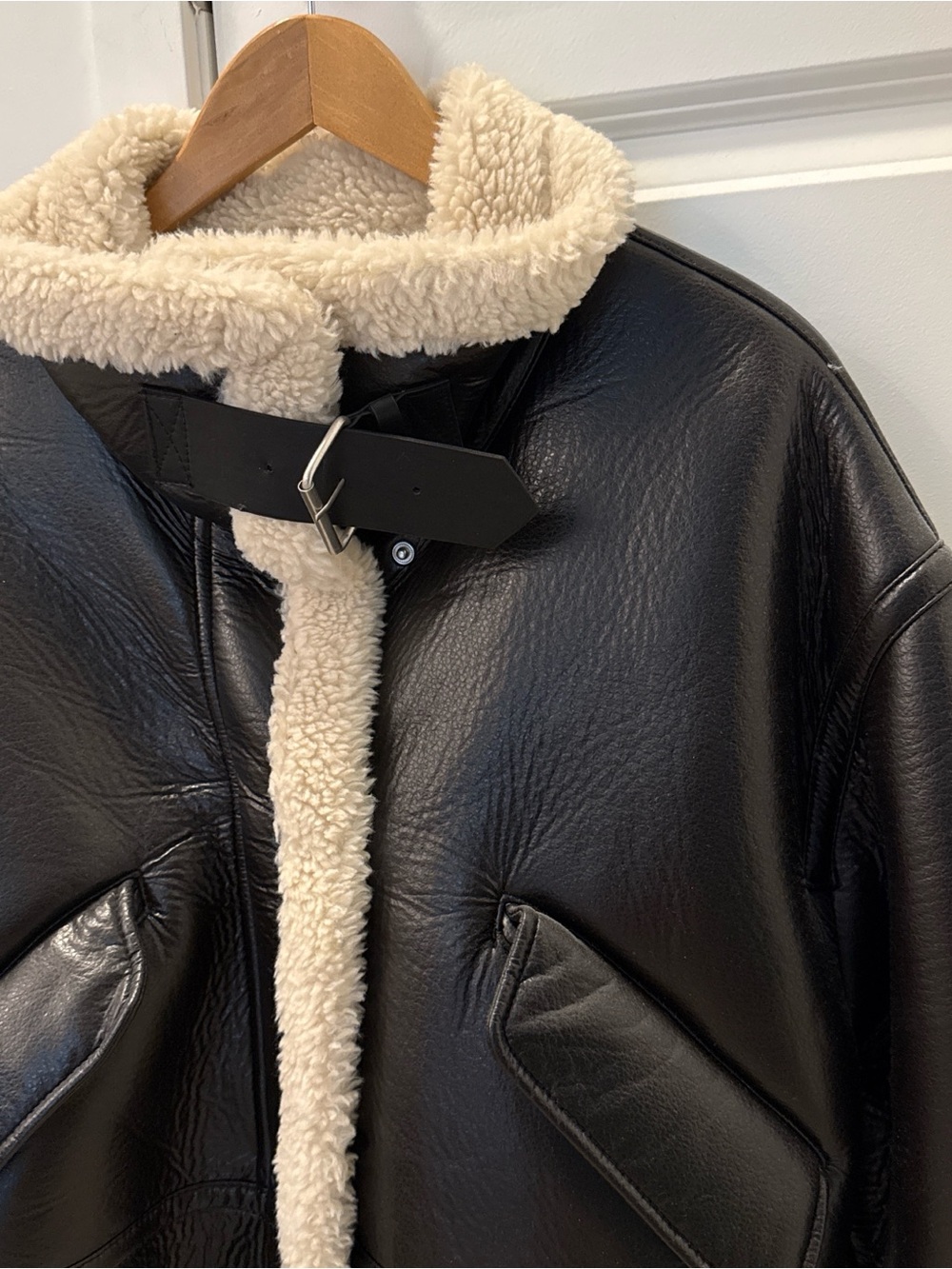 Zara Black Leather Aviator Jacket with Cream Shearling Trim